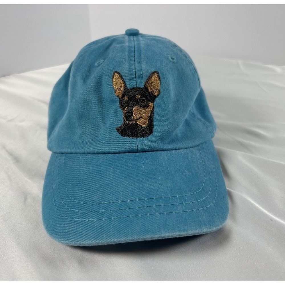 Miniature Pincher Embroidered Cap Cotton Adam Pigment Dyed Turquoise Pet Lover